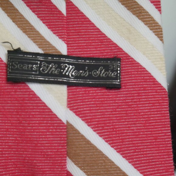 Vintage Sears Men's Store Cotton Blend Red Tan Cream Striped Tie - Picture 3 of 13